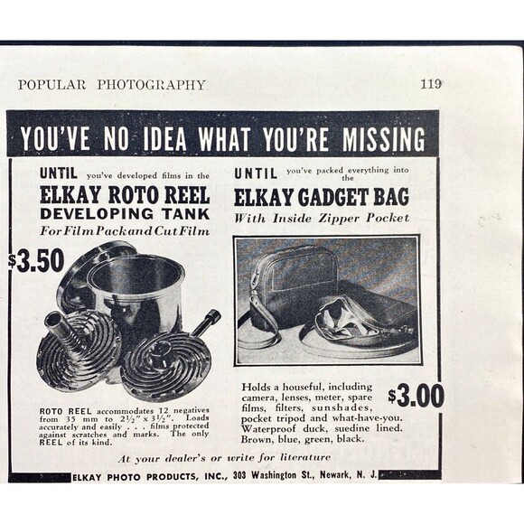 ELKAY Photo Products "Developing Tank & Gadget Bag" Vintage Print Ad 1941 - Picture 1 of 3